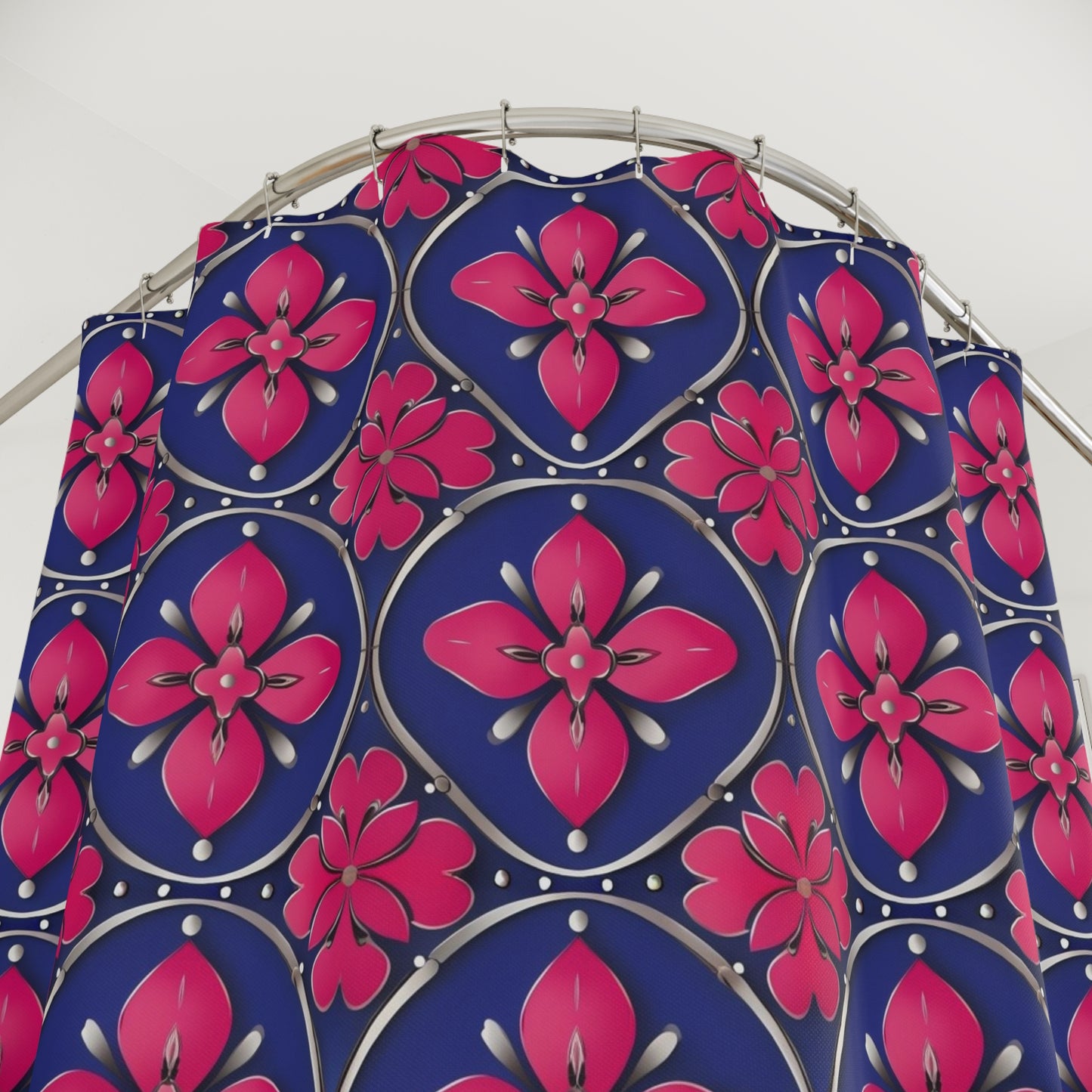 Floral Tile Shower Curtain — Navy & Fuchsia Patterned Bath Decor