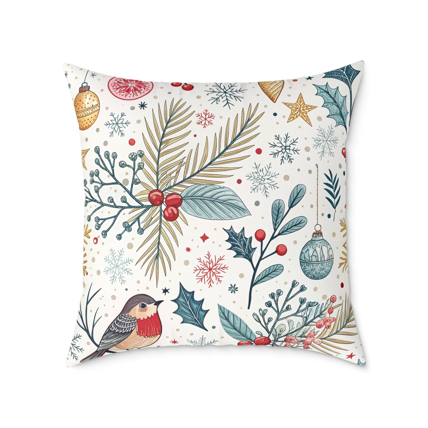 Festive Robin Holiday Pillow — Christmas Botanical Decorative Throw Pillow