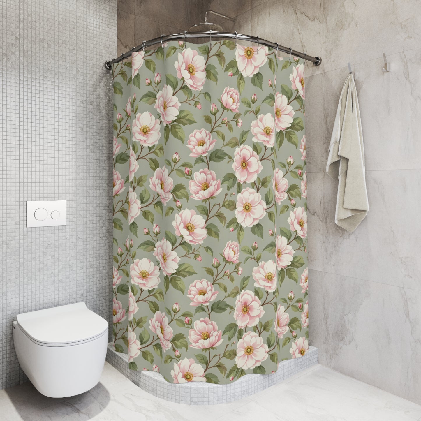 Floral Vintage Shower Curtain — Pink Peony Pattern on Sage Green