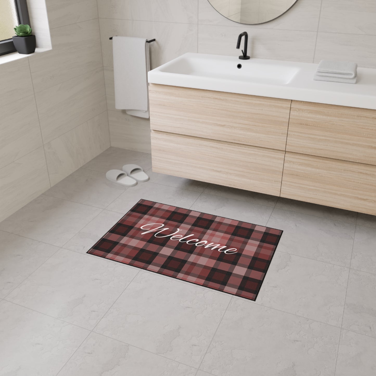 Welcome Plaid Heavy-Duty Floor Mat — Red Buffalo Check Doormat