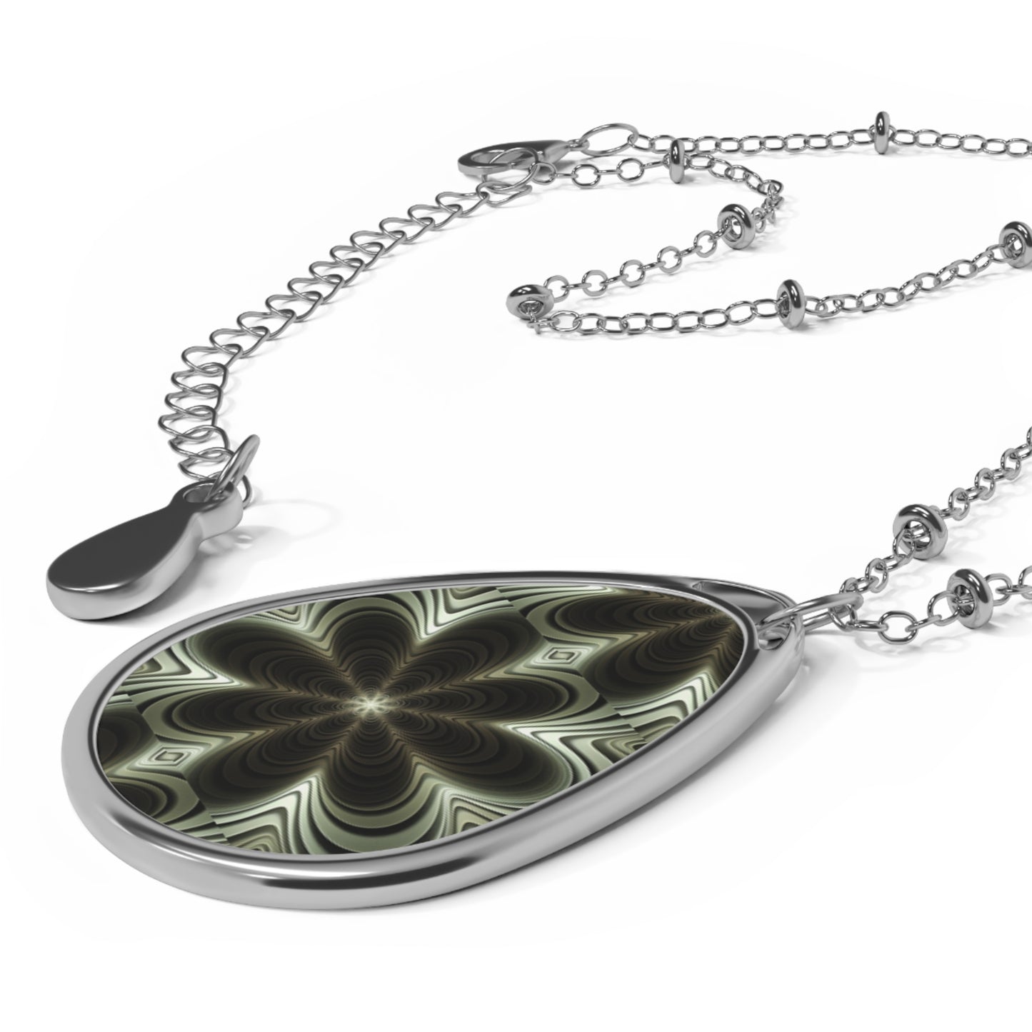 Elegant Oval Necklace, Flower Pattern Pendant, Boho Jewelry