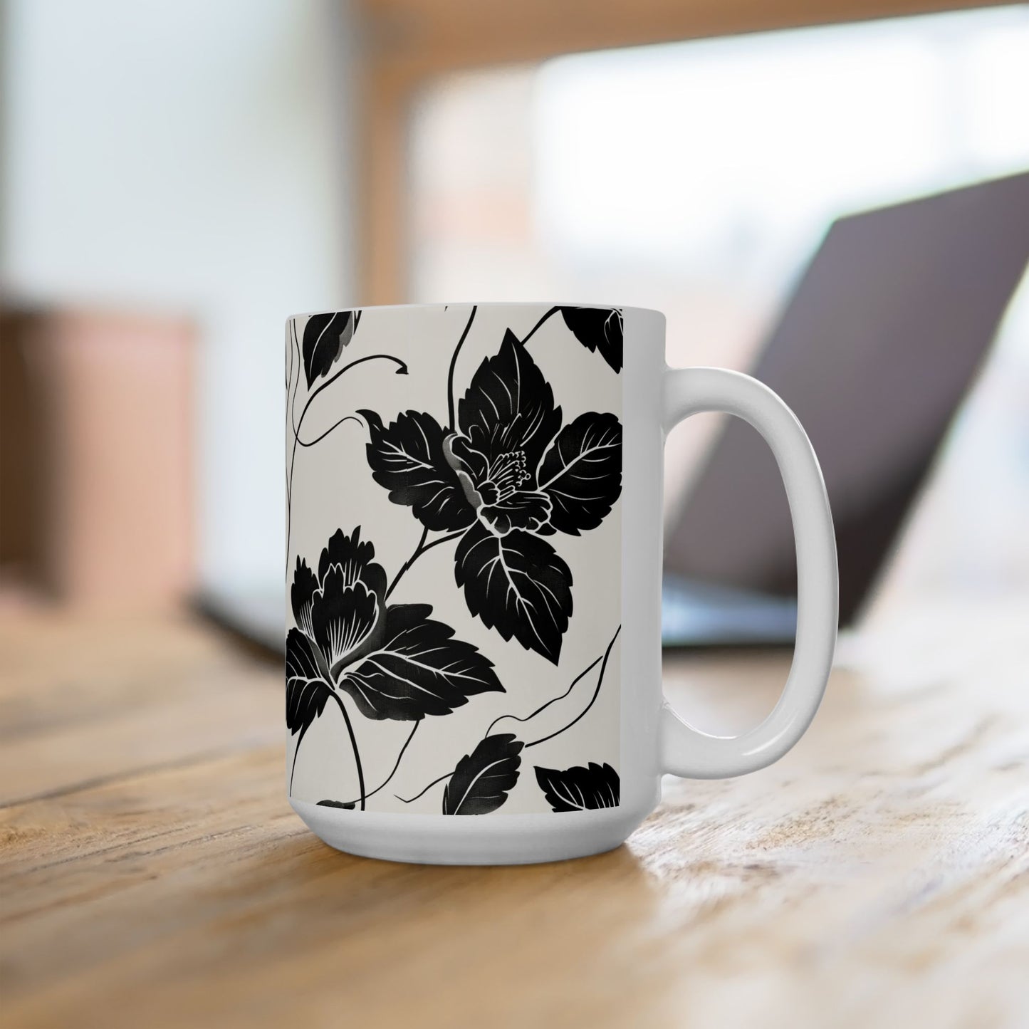 Black Floral Ceramic Mug — Monochrome Vintage Flower Coffee Cup (11oz & 15oz)