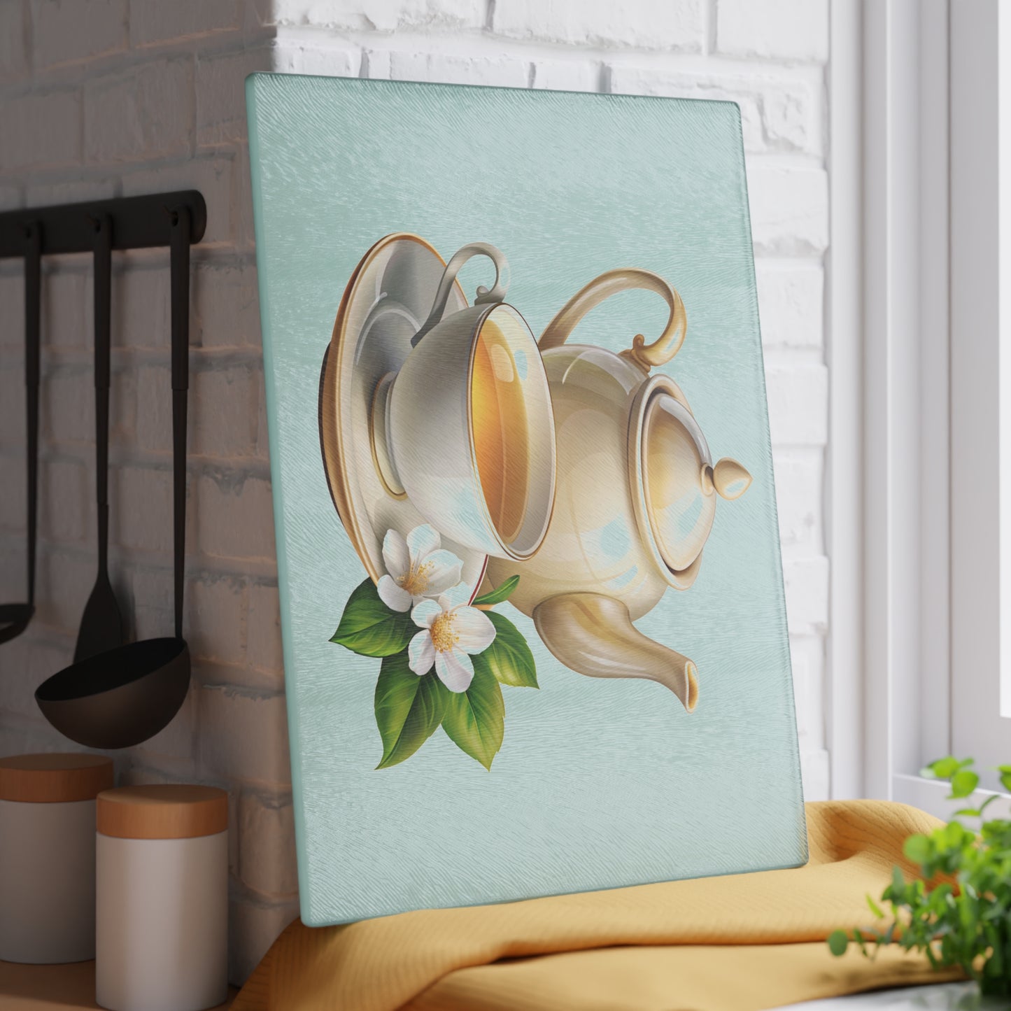 Elegant Tea Time Glass Cutting Board, Kitchen Decor, Gift for Tea Lovers, Housewarming, Birthday, Mother's Day