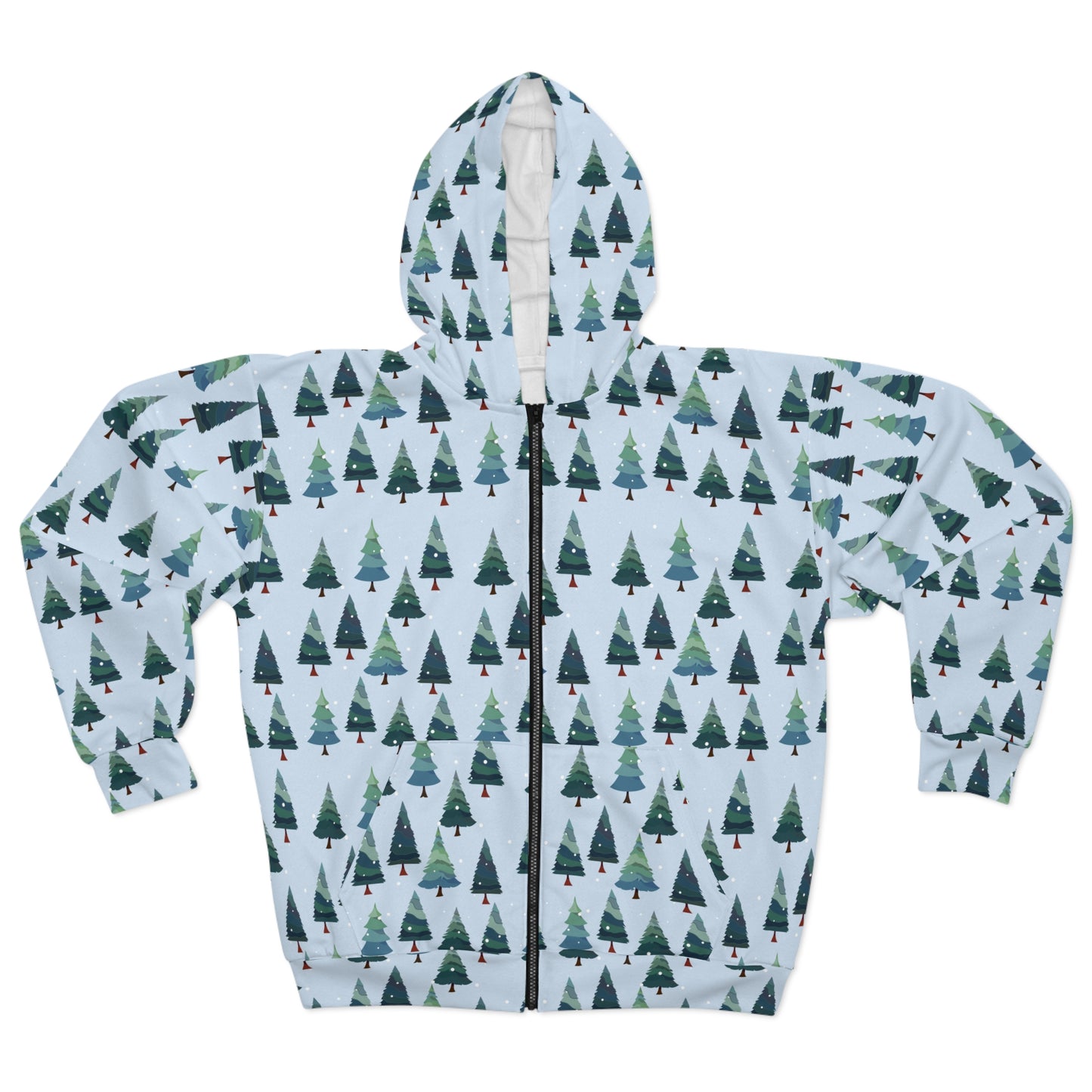 Cozy Forest Hoodie, Unisex Zip Hoodie, AOP Tree Design, Winter Fashion, Christmas Gift, Outdoor Adventure Wear