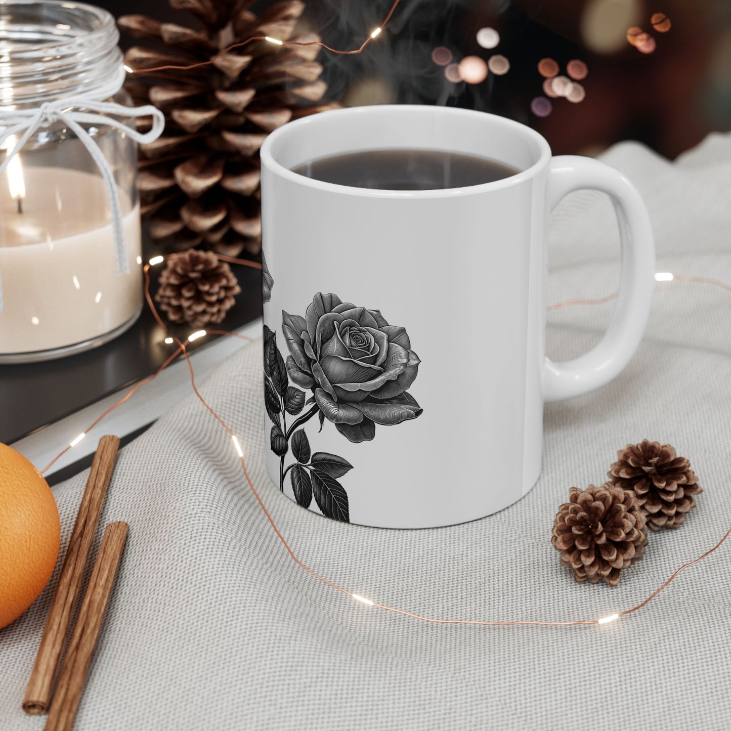 Elegant Floral Ceramic Mug - Black and White Rose Design, Coffee Cup, Gift for Her, Home Decor, Tea Lover's Perfect Mug