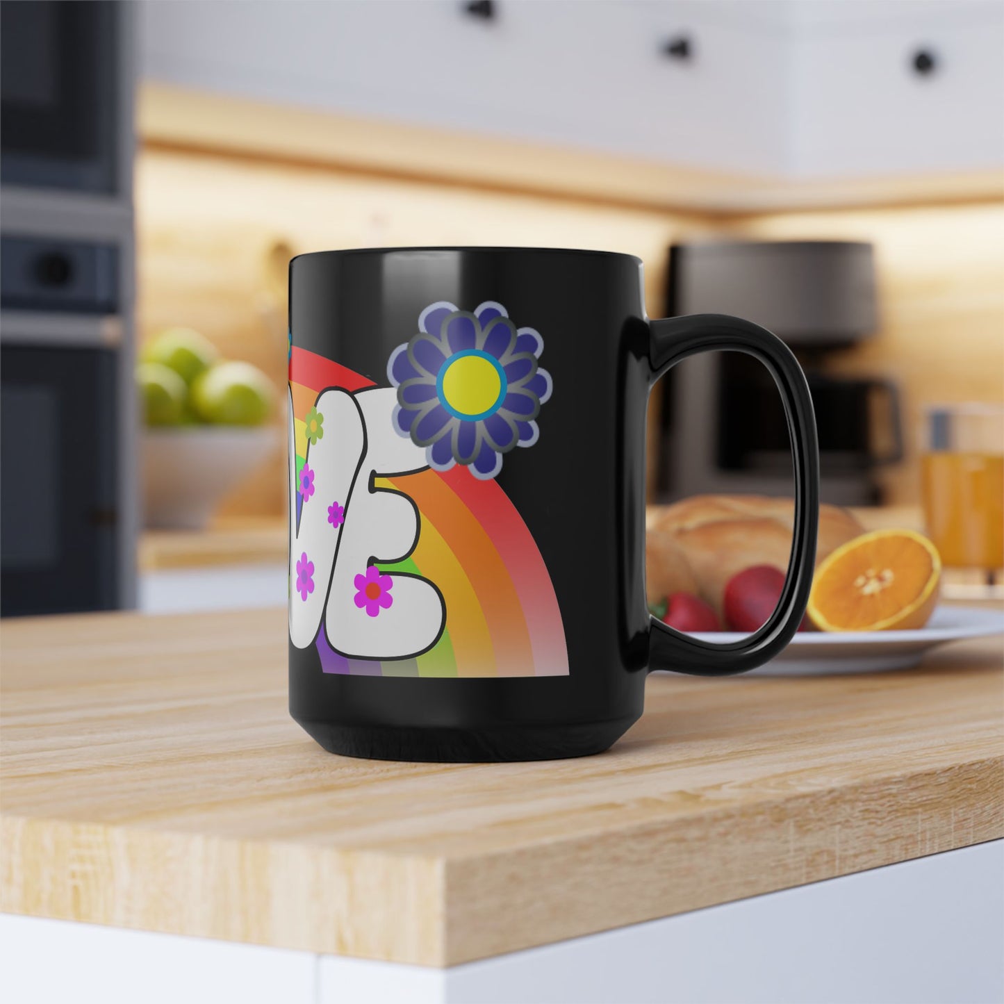 Love Rainbow 70s Flower Power Black 15oz Mug