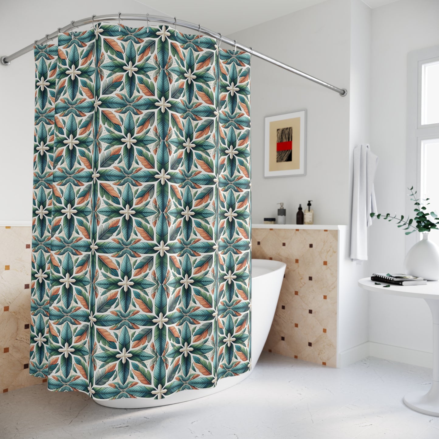 Bohemian Tile Pattern Shower Curtain — Teal & Terracotta Floral Geometric Bath Decor