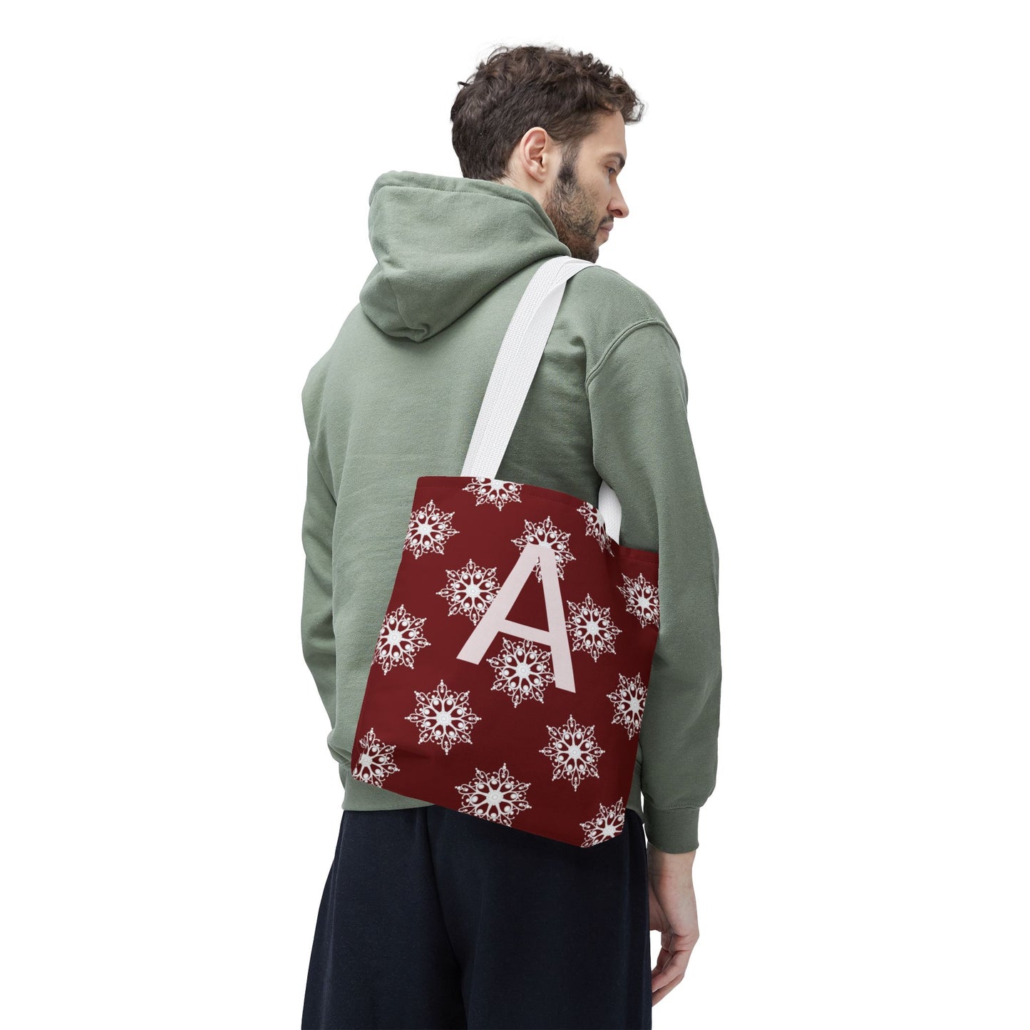 Monogram A Snowflake Tote Bag — Personalized Holiday AOP Tote