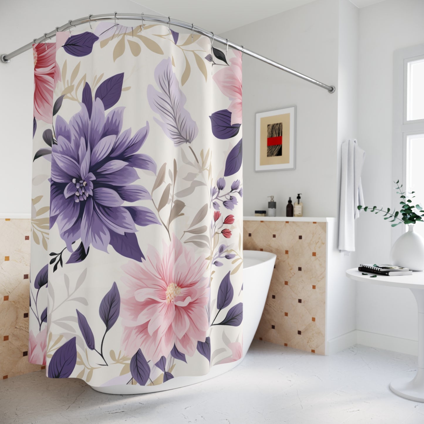 Floral Shower Curtain, Bohemian Bathroom Decor, Flower Print Curtains, Home Spa Accessories, Unique Gift for Her