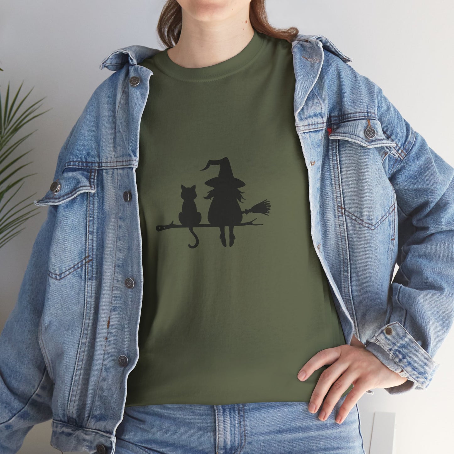 Witch and Cat Tee | Spooky Unisex Shirt for Halloween | Cute Witchwear for Cat Lovers | Fall Wardrobe Essential | Gift for Magical Friends