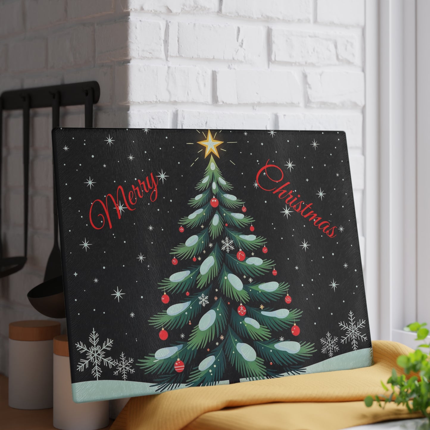 Christmas Tree Glass Cutting Board – "Merry Christmas" Festive Holiday Kitchen Decor