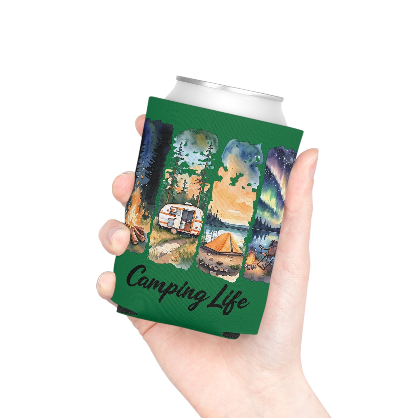Camping Life Can Cooler – Insulated Beer Cooler with Campsite Watercolor Design