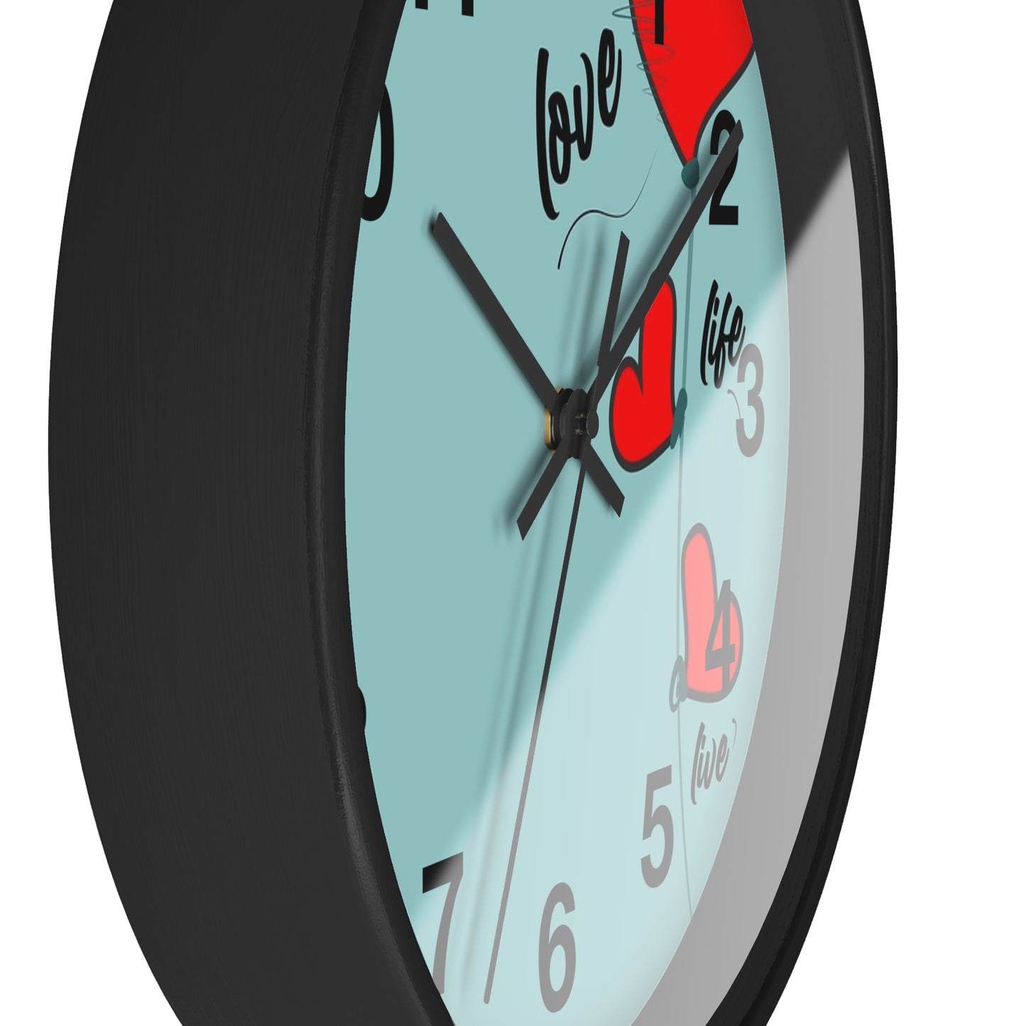 Love Hearts Wall Clock — Retro Teal Clock with Red Hearts & 'Love' Typography