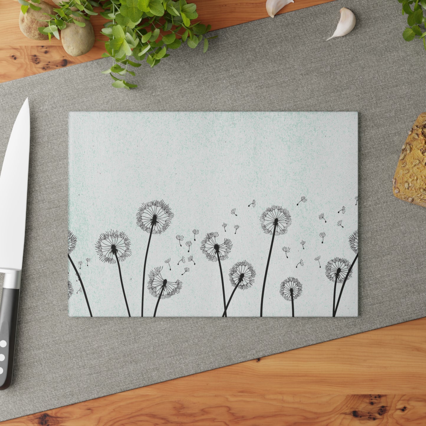 Dandelion Glass Cutting Board, Kitchen Decor, Gift for Chefs, Housewarming Gift, Floral Kitchen Art