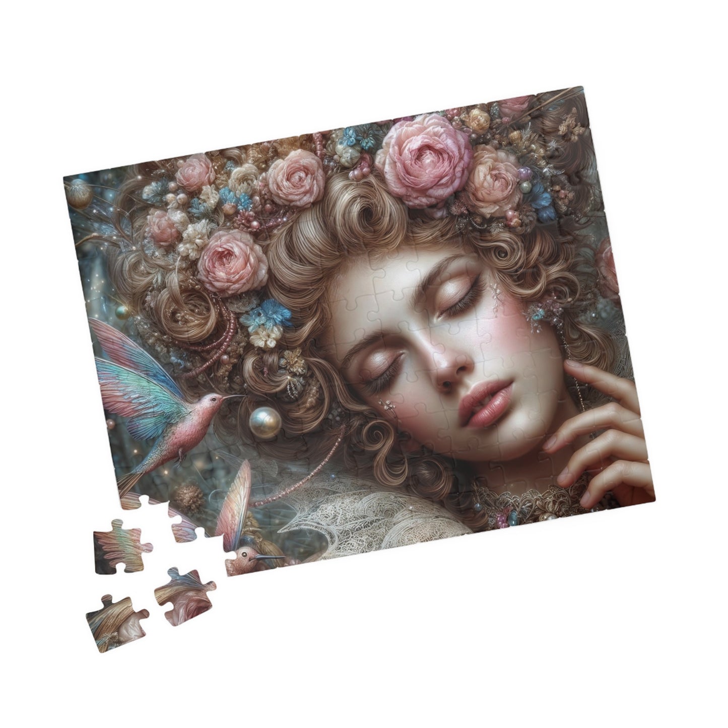 Floral Dream Portrait Puzzle — Surreal Woman & Birds Art Jigsaw (110–1014 pcs)