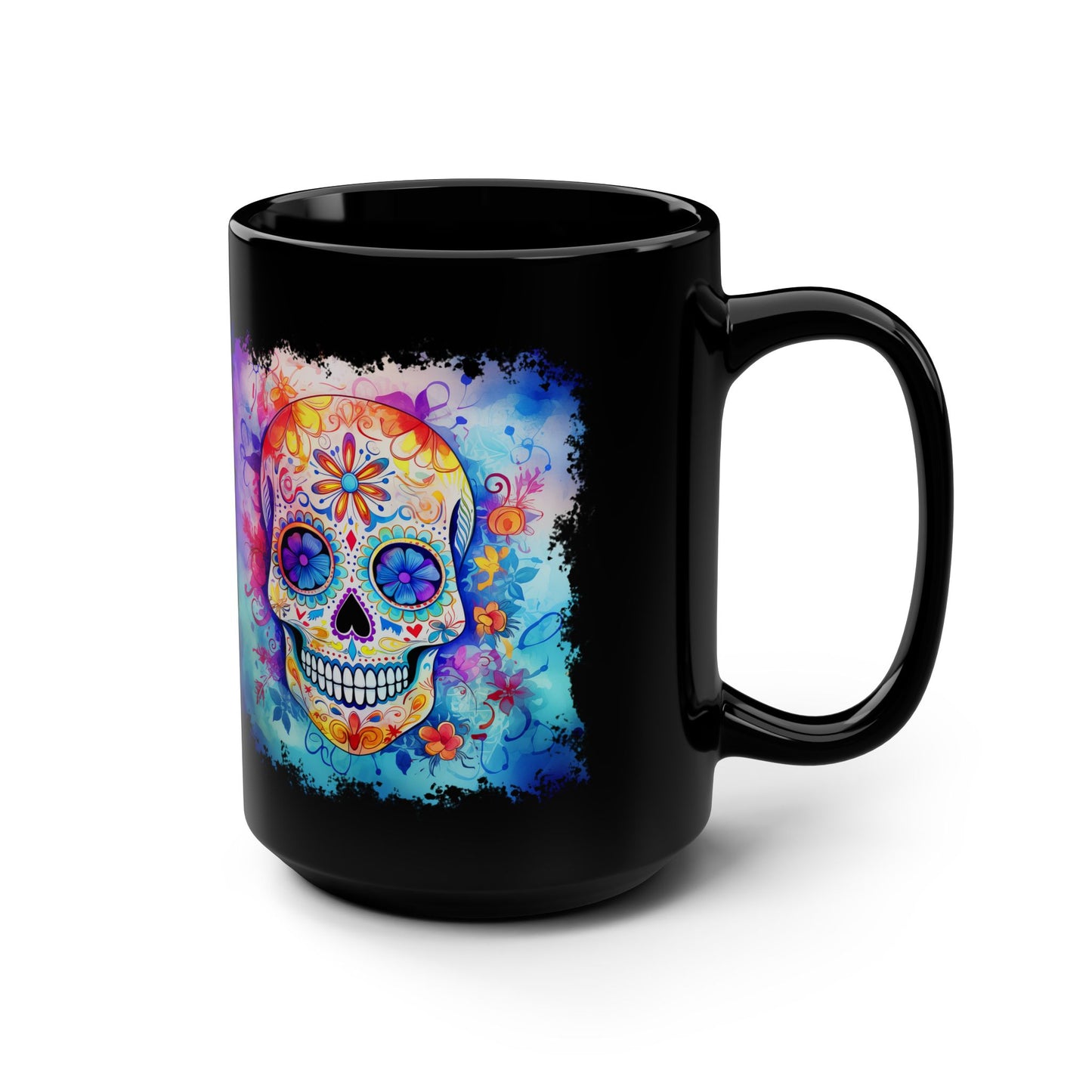 15oz Black Mug — Colorful Watercolor Sugar Skull Coffee Cup
