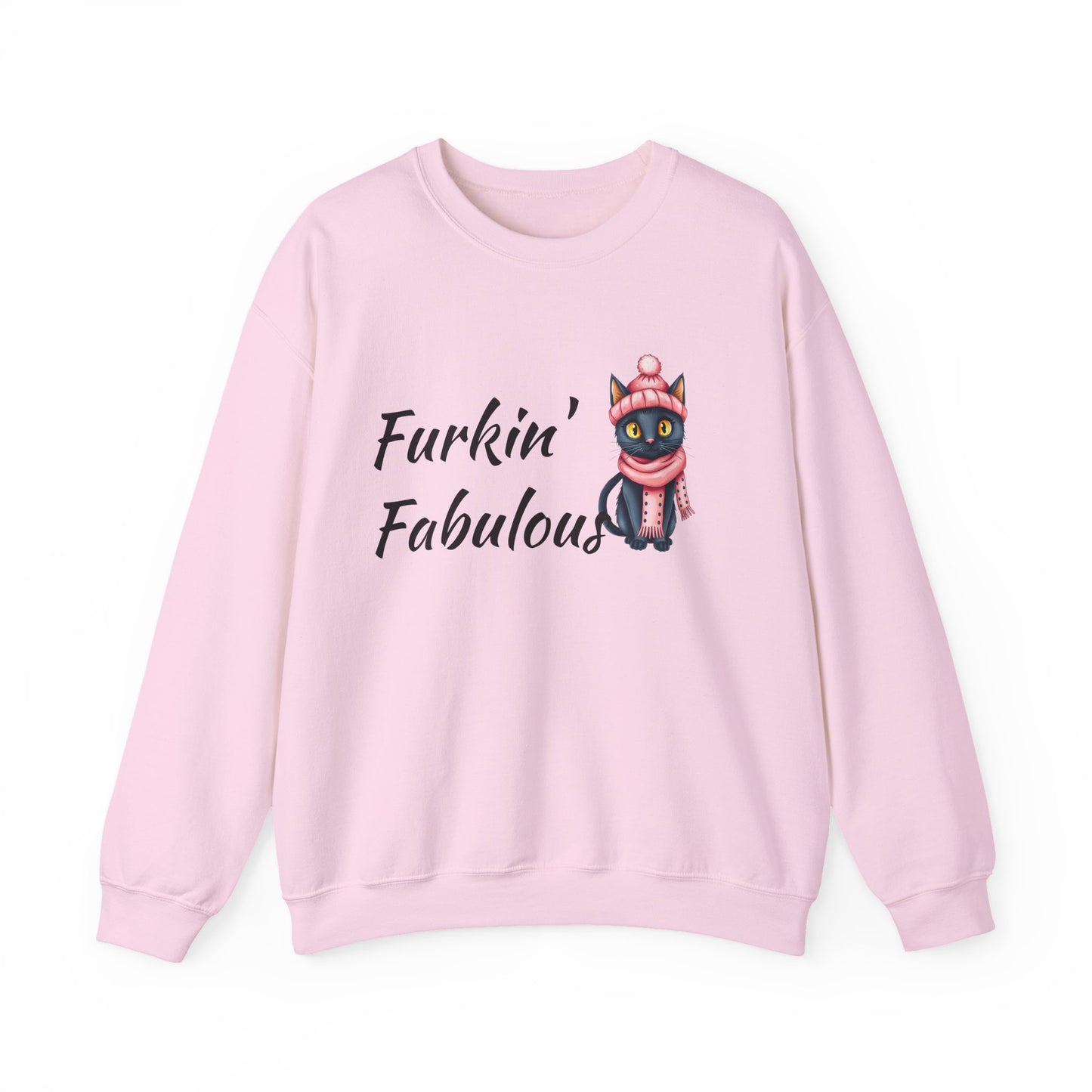 Crewneck Sweatshirt — "Furkin' Fabulous" Cute Black Cat in Pink Hat & Scarf