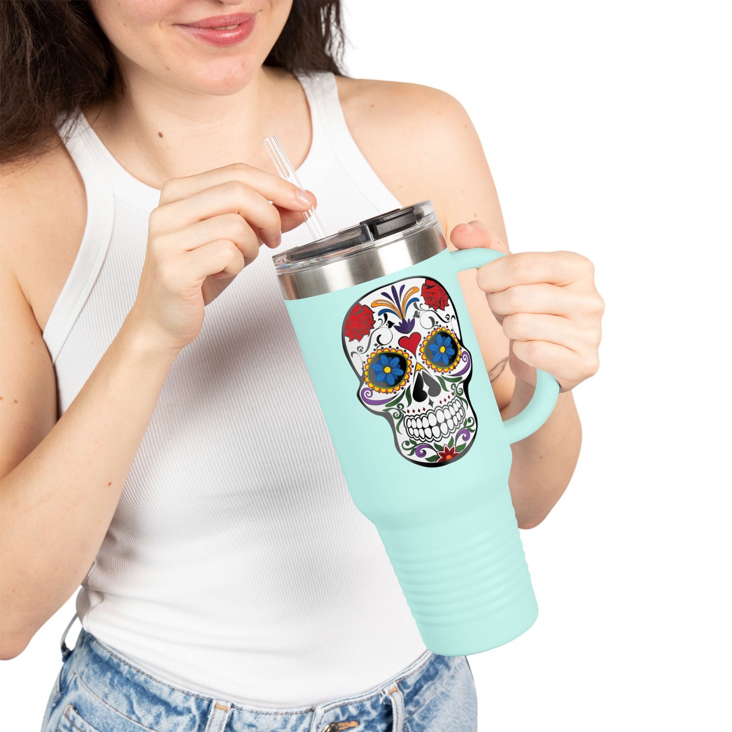 Colorful Sugar Skull Insulated Travel Mug, 40oz, Perfect for Road Trips, Gifts