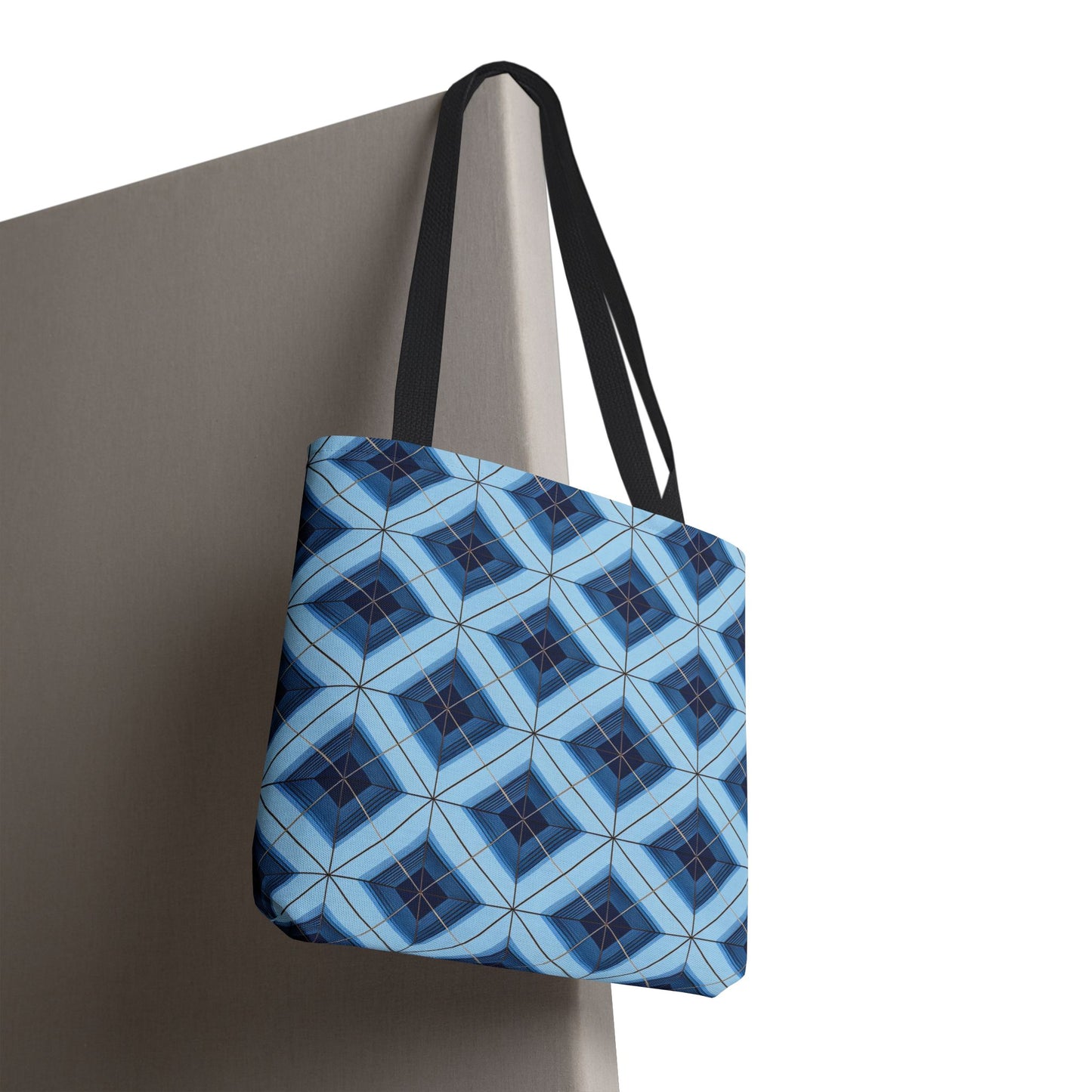 Blue Geometric Tote Bag — Repeating Diamond Pattern AOP