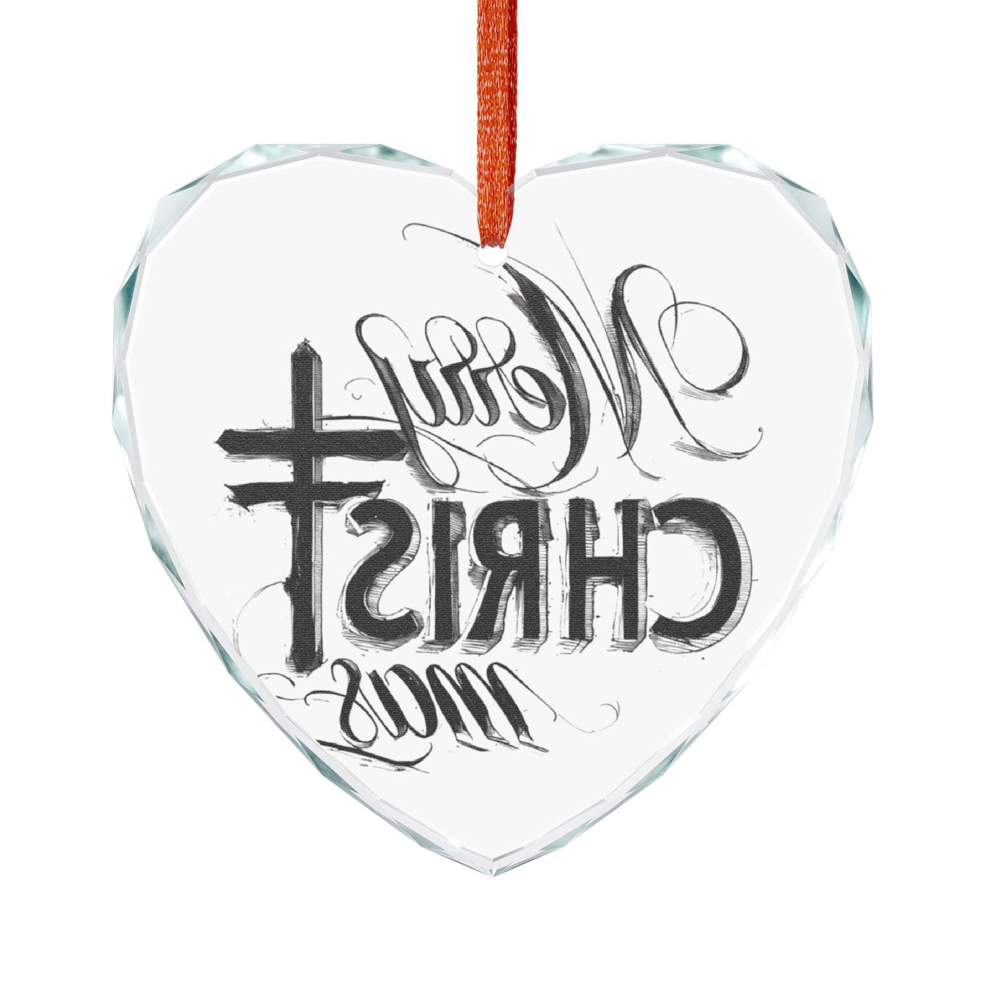Crystal Heart Ornament — “Merry Christ-mas” Religious Christmas Glass Decoration