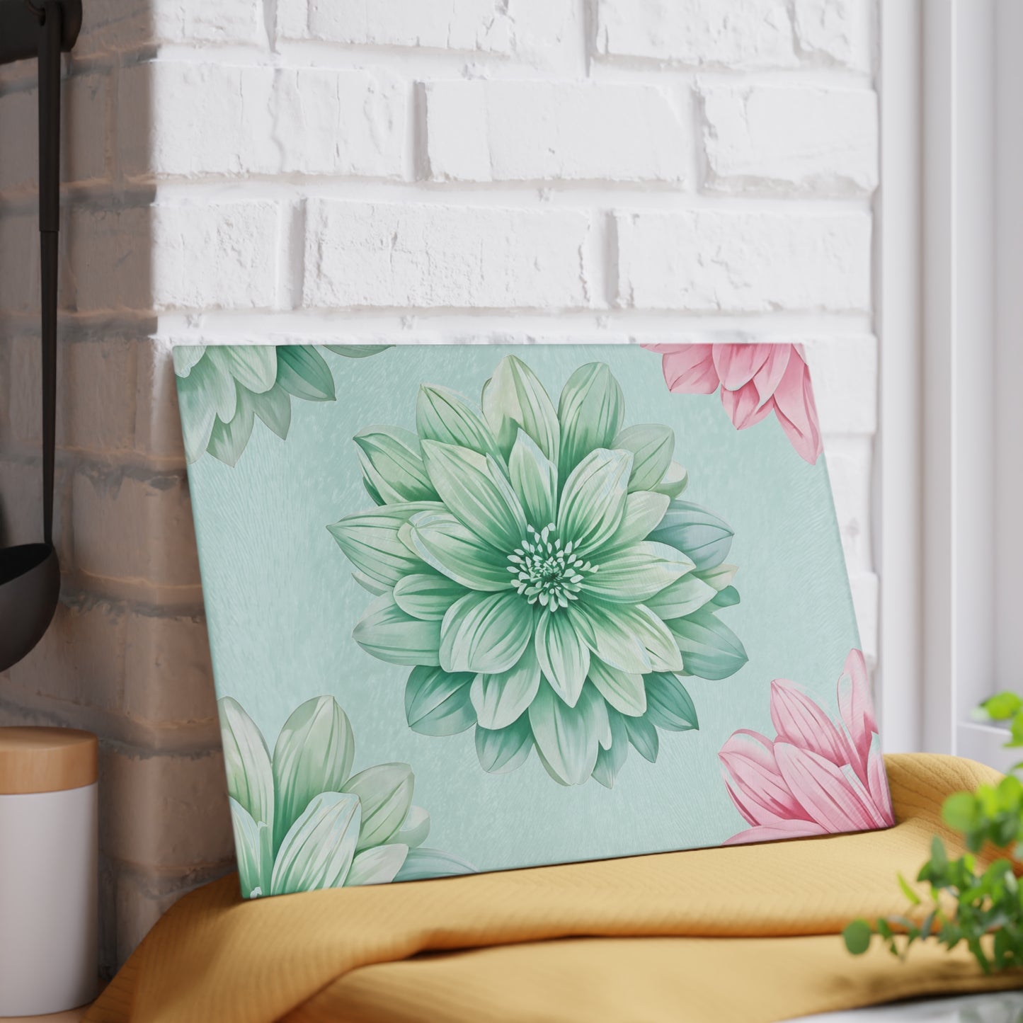 Glass Cutting Board — Pastel Succulent Floral Design (Mint & Pink)