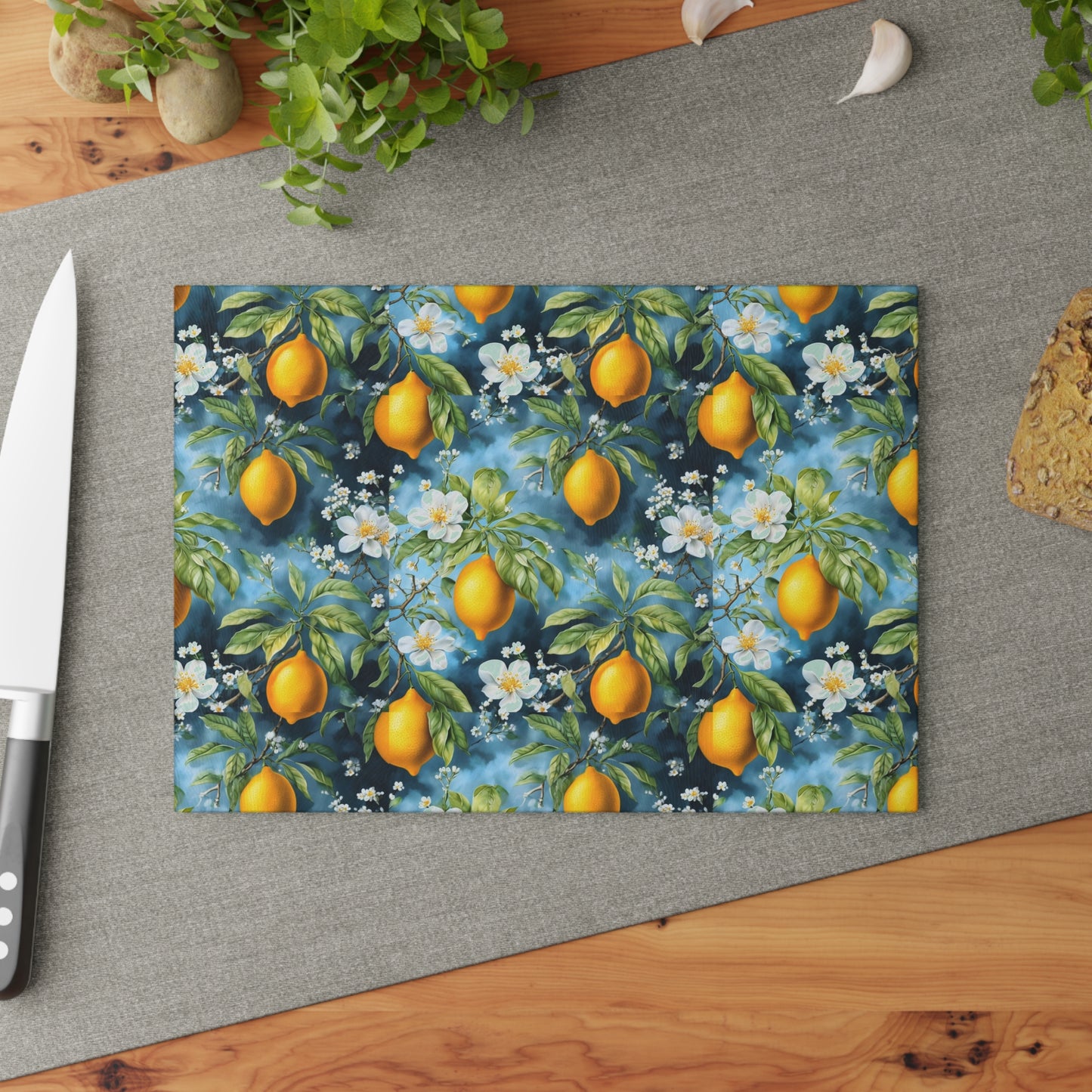 Lemon Blossom Glass Cutting Board — Citrus Kitchen Countertop Board