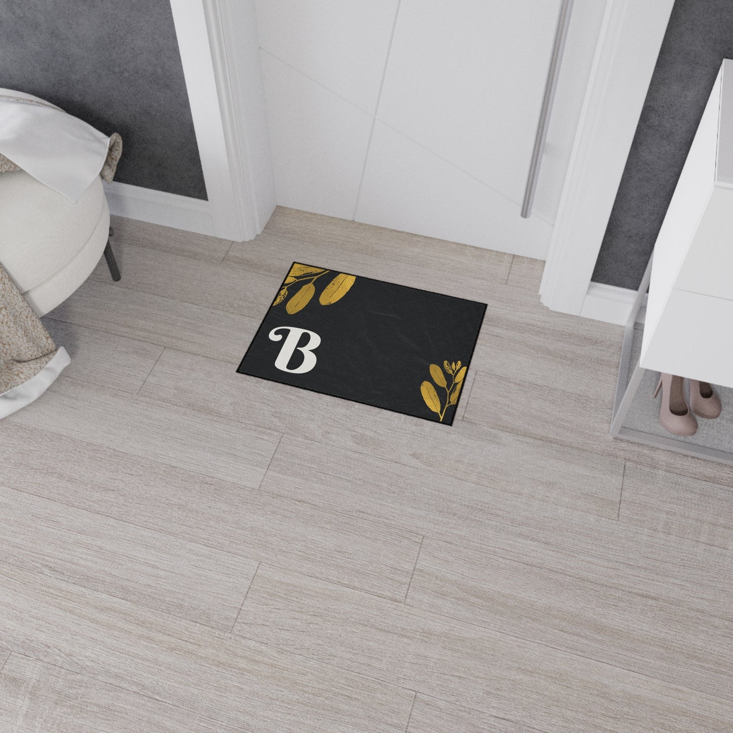Monogram B Heavy Duty Floor Mat — Black & Gold Botanical Doormat