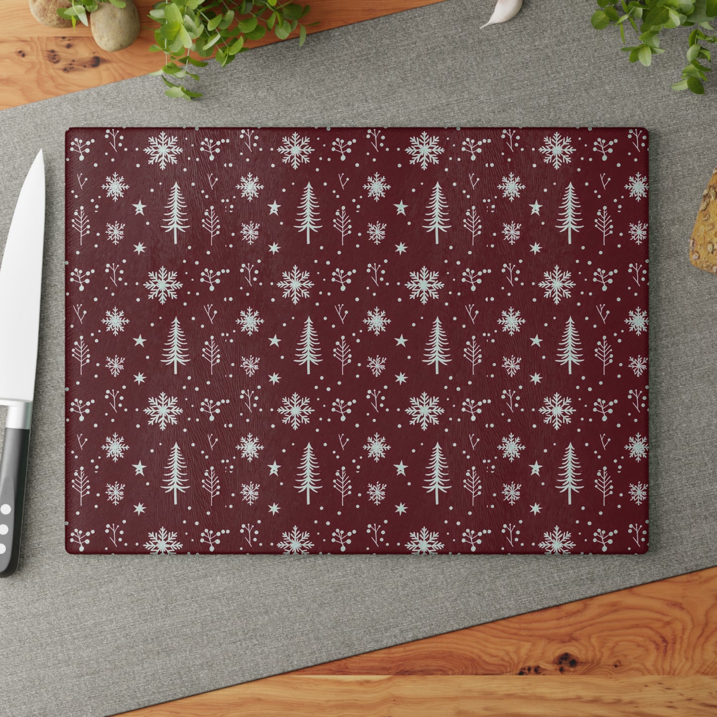 Holiday Snowflake & Pine Glass Cutting Board — Festive Winter Kitchen Decor