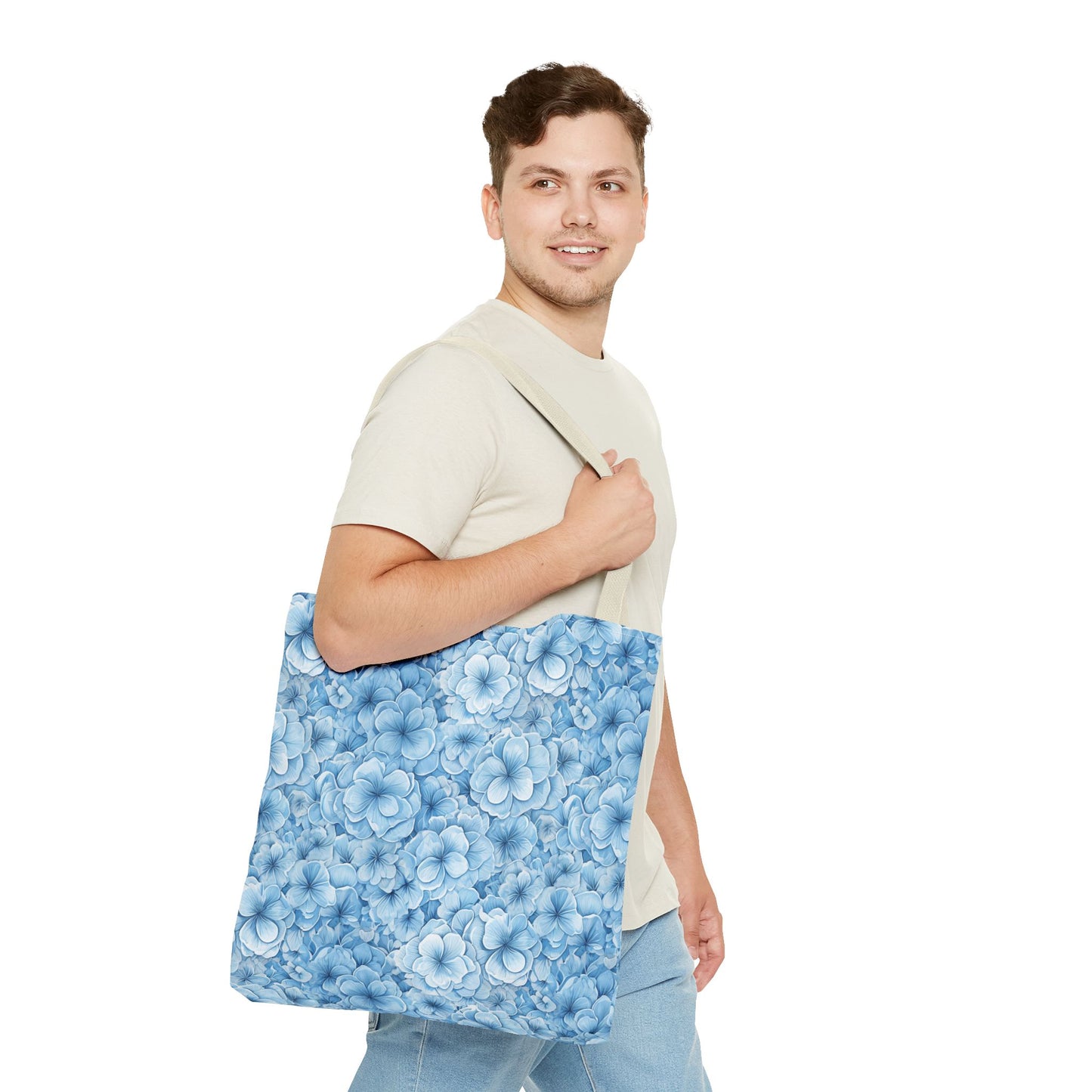 Blue Watercolor Floral Tote Bag — Reusable Flower Pattern Shopper