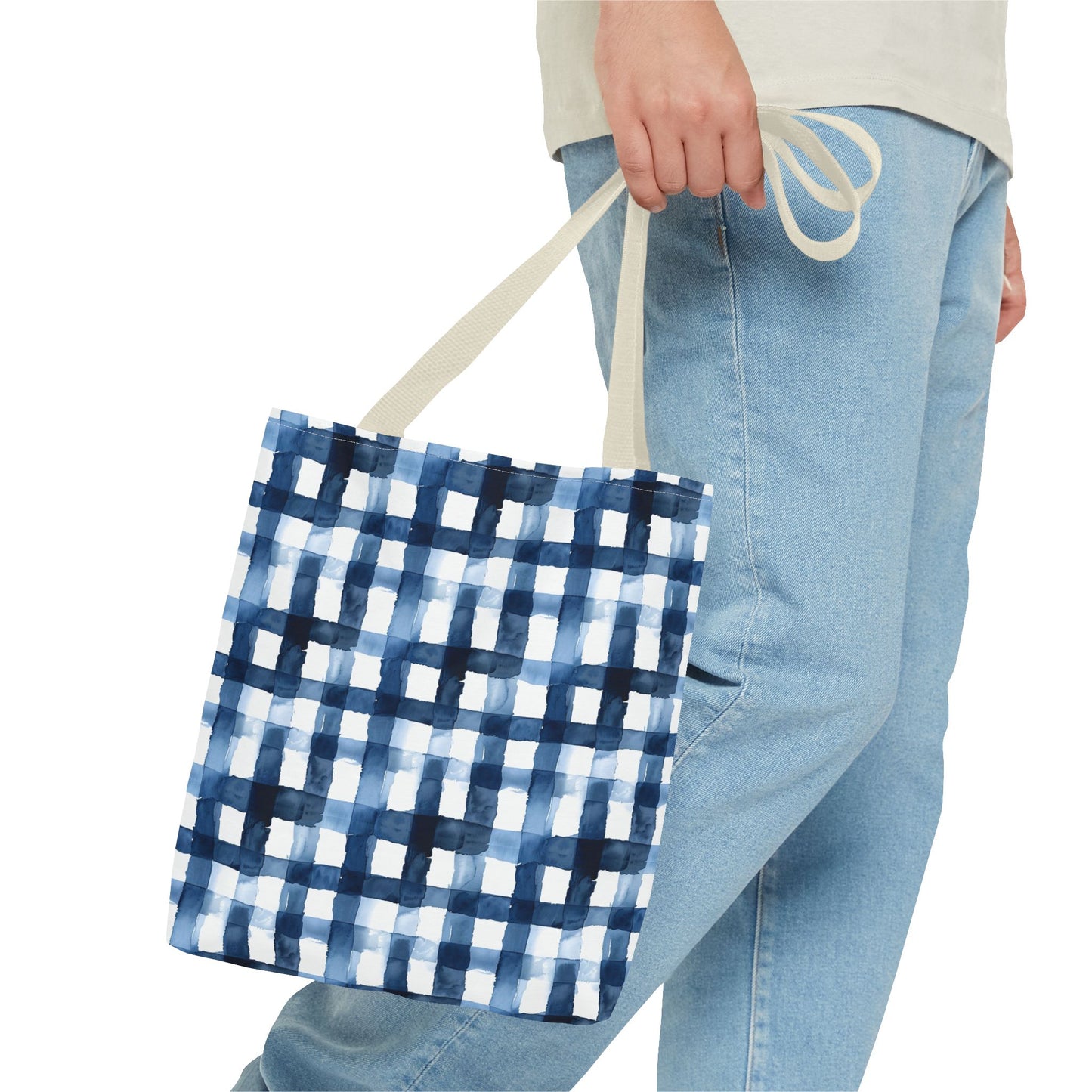 Blue Watercolor Plaid Tote Bag — Navy Check Pattern All-Over Print