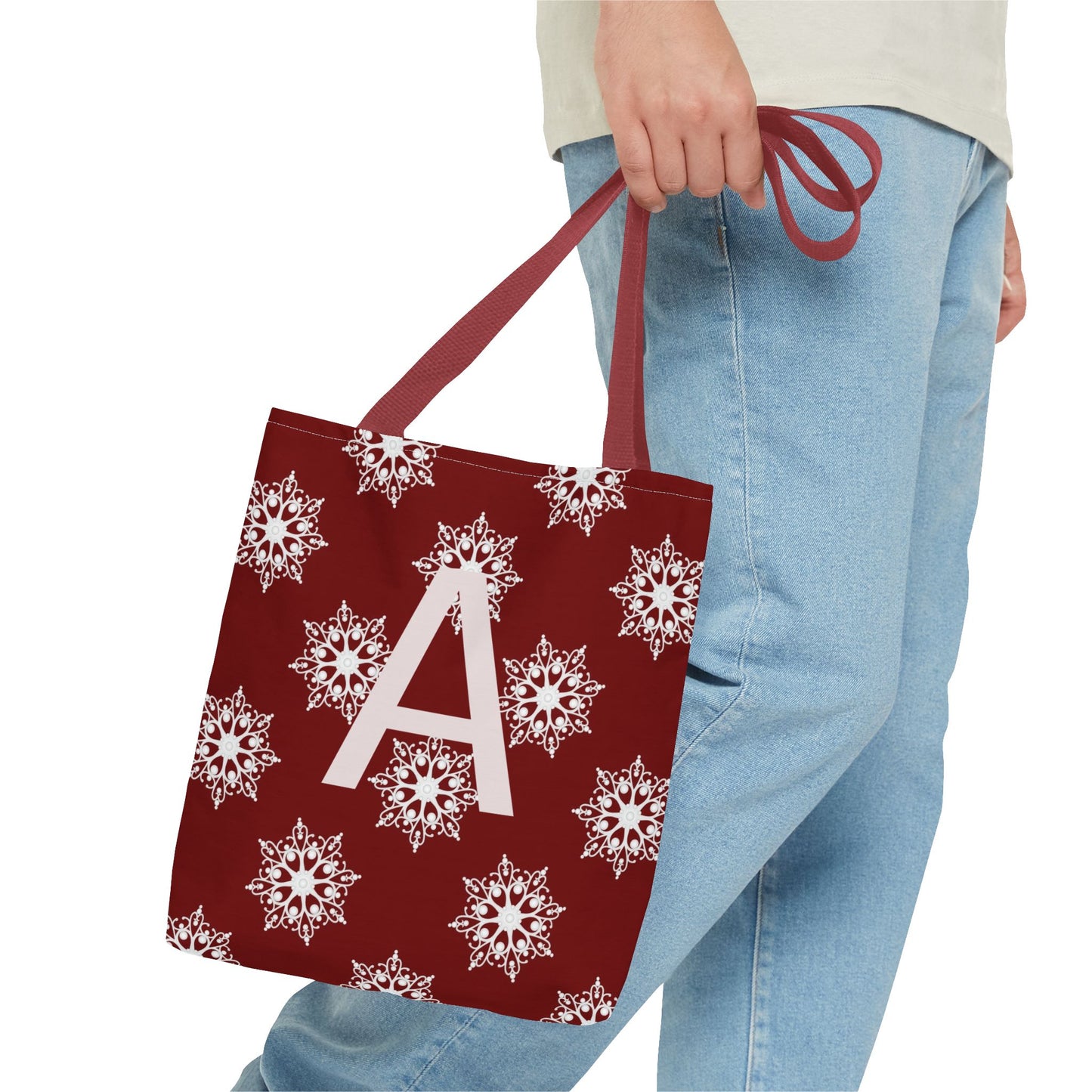 Monogram A Snowflake Tote Bag — Personalized Holiday AOP Tote
