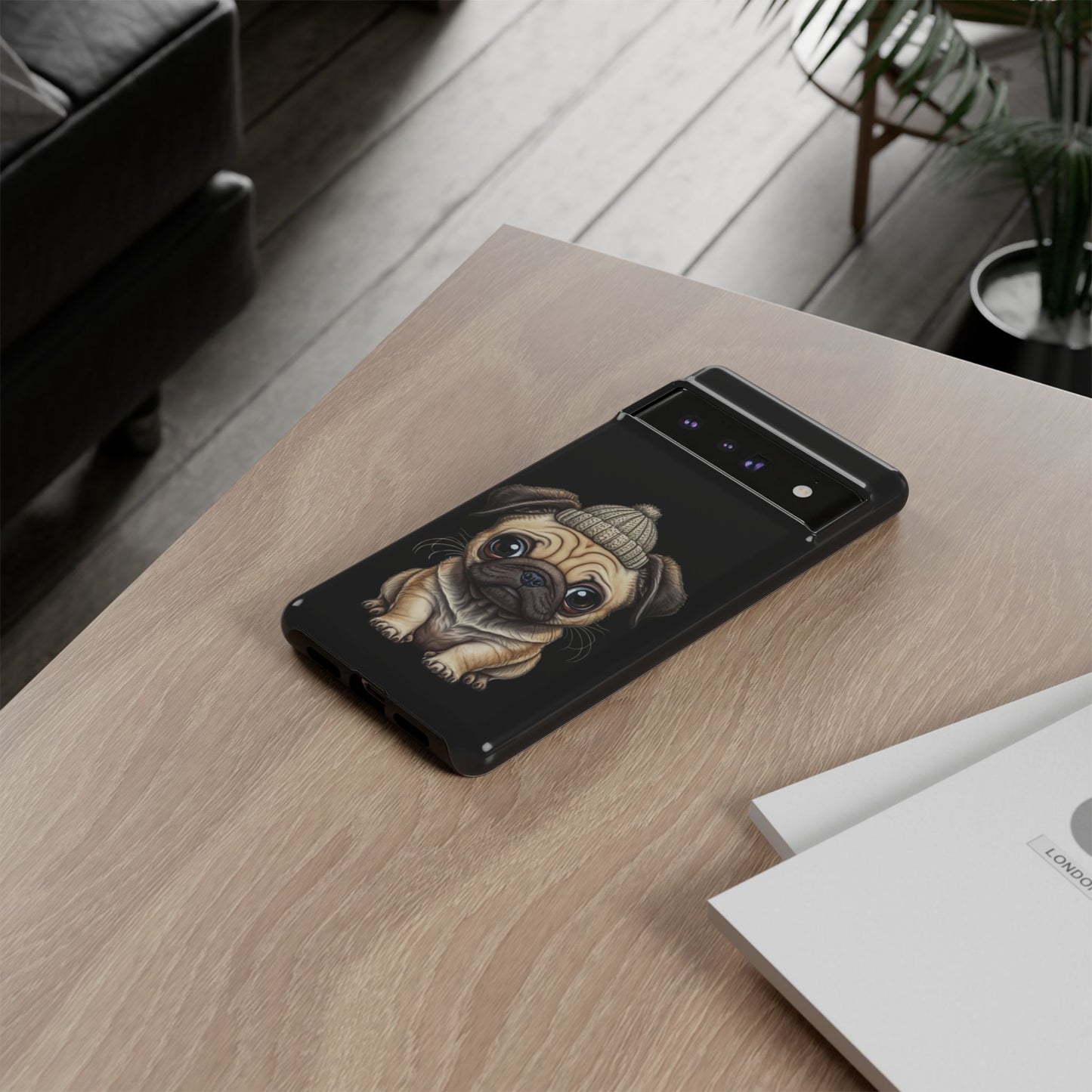 Pug Phone Case – Cute Pug Puppy Illustration on Black Tough Case