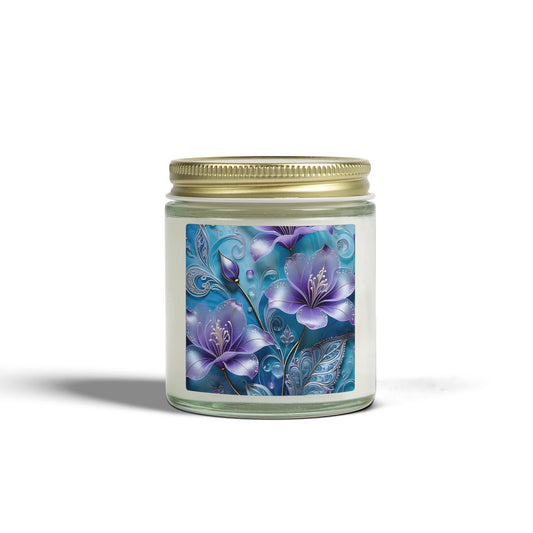 Scented Candle — Coconut Apricot Wax (4oz & 9oz) with Blue Floral Art