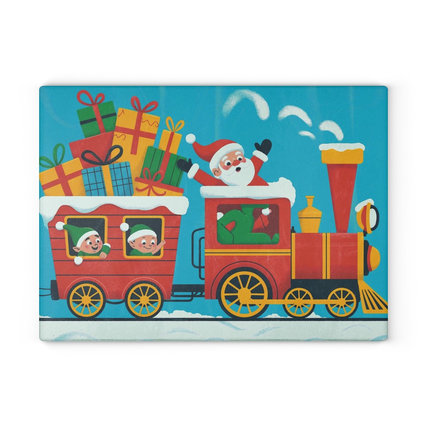 Christmas Santa Train Glass Cutting Board — Festive Holiday Kitchen Decor