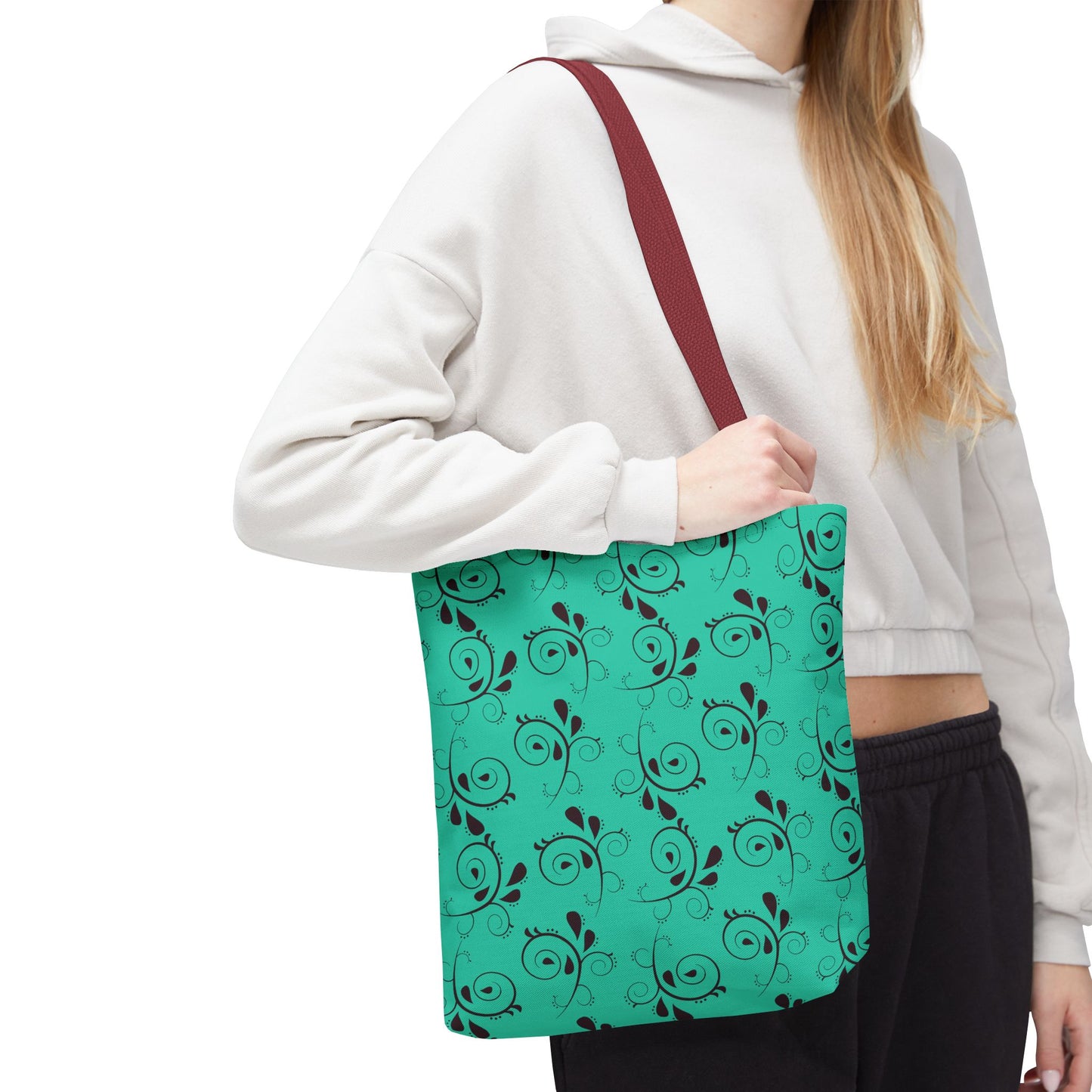 Turquoise Floral Swirl Tote Bag – All-Over Print Stylish Shopping Bag