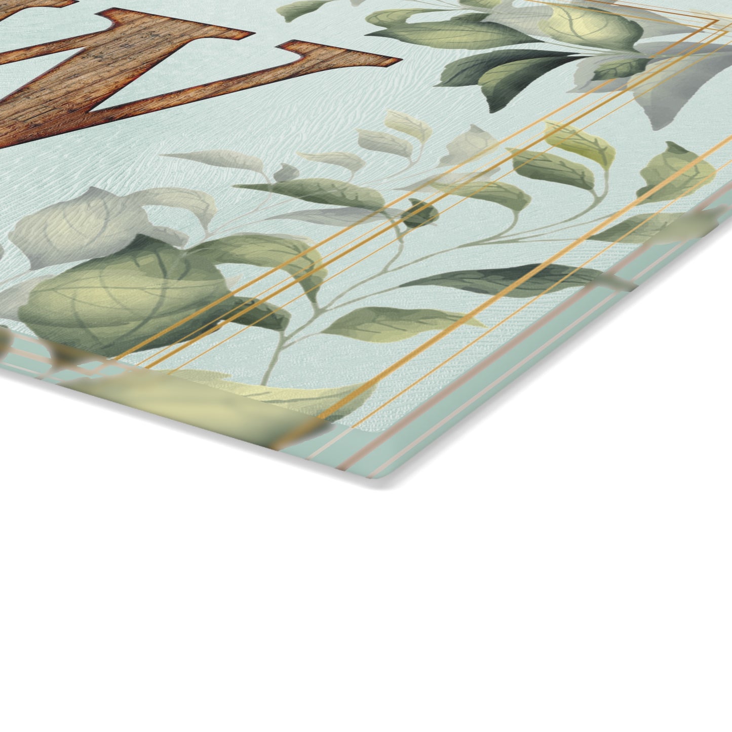 Monogram Glass Cutting Board — Rustic Wood 'W' with Greenery Border