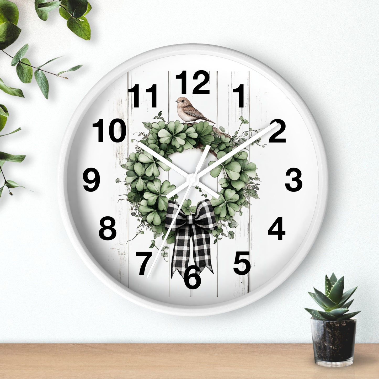 Charming Wreath Wall Clock | Rustic Decor, Bird Lover Gift, Spring Theme, Home Accent, Clovers & Bow