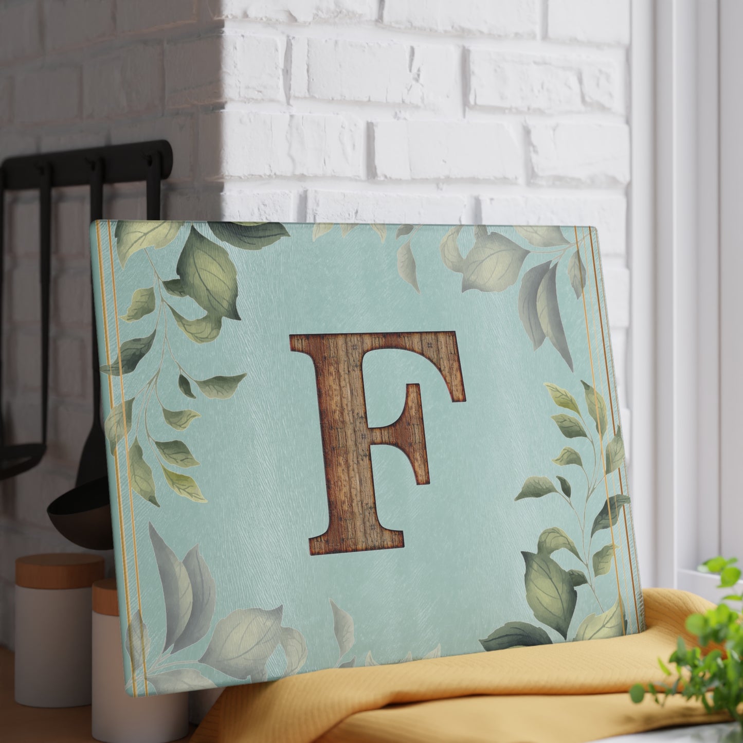Monogram Glass Cutting Board – Rustic Wood 'F' with Greenery Border