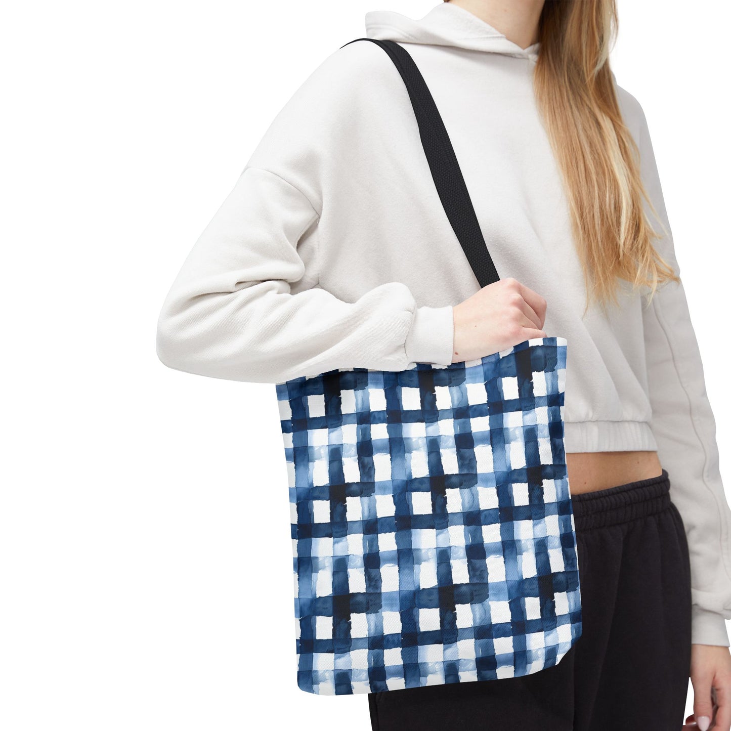 Blue Watercolor Plaid Tote Bag — Navy Check Pattern All-Over Print