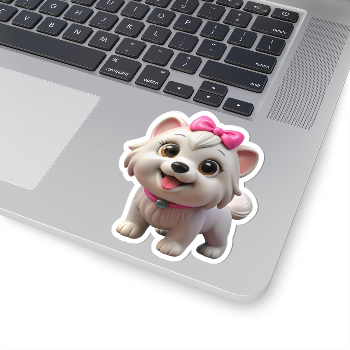 Cute White Puppy Kiss-Cut Sticker — Adorable Bow-Wearing Dog Laptop Decal