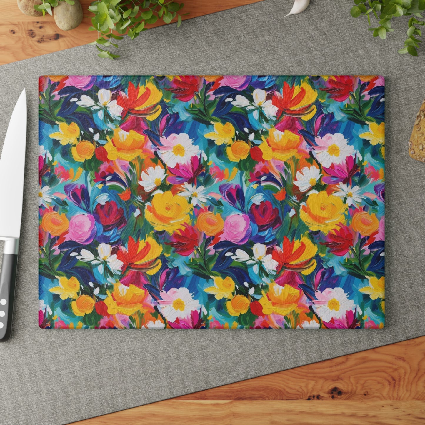 Floral Glass Cutting Board — Bright Watercolor Garden Kitchen Board