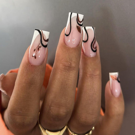 French white edge autumn and winter deciduous leaves wear nail pads black curve lines manicure square nail pads wholesale