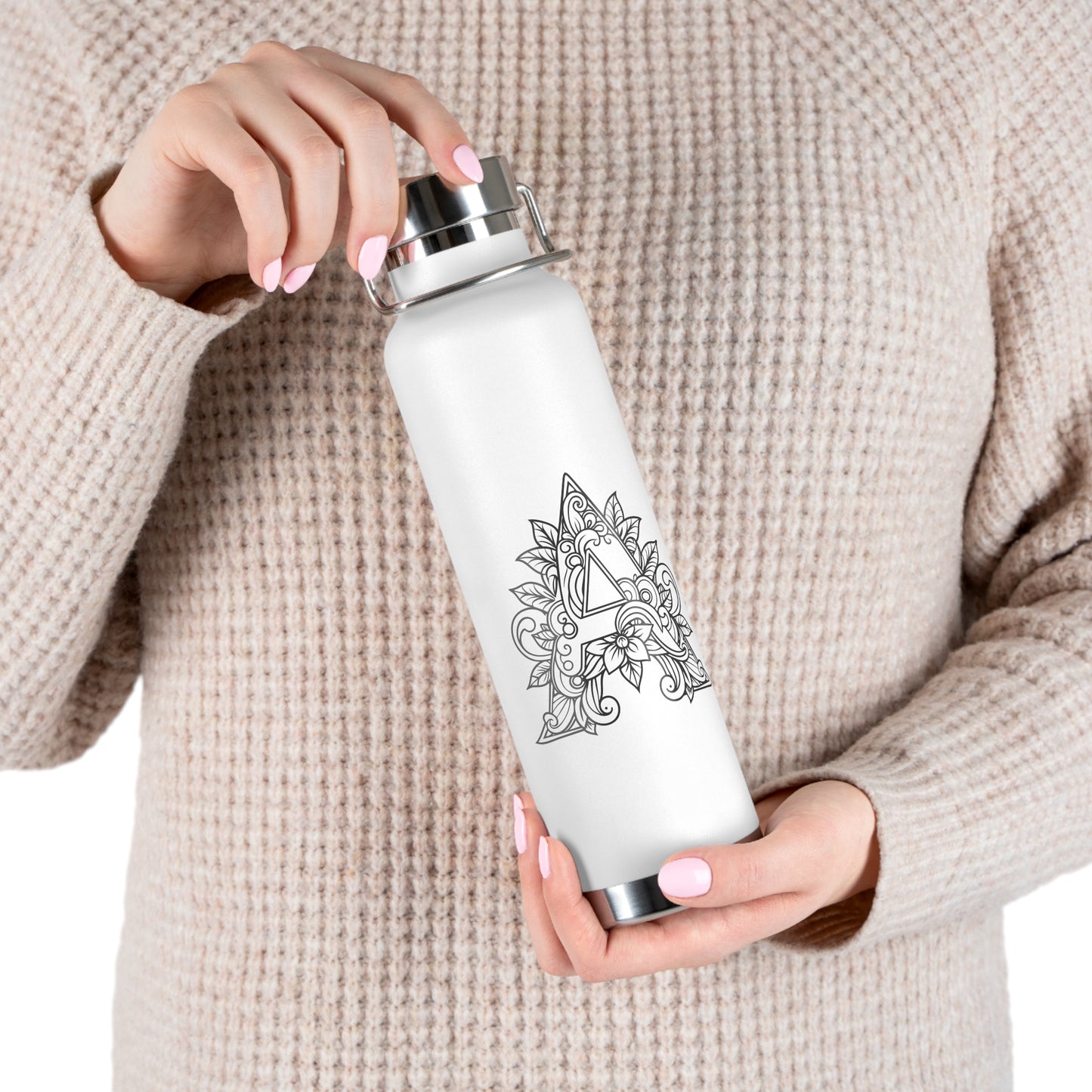 Boho Art Cold Drink Tumbler- Letter A, Personalized Water Bottle, Yoga Gift, Stylish Insulated Flask