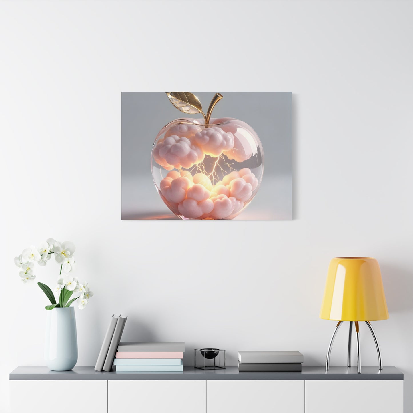 Surreal Glass Apple Canvas – Lightning & Pink Clouds Wall Art