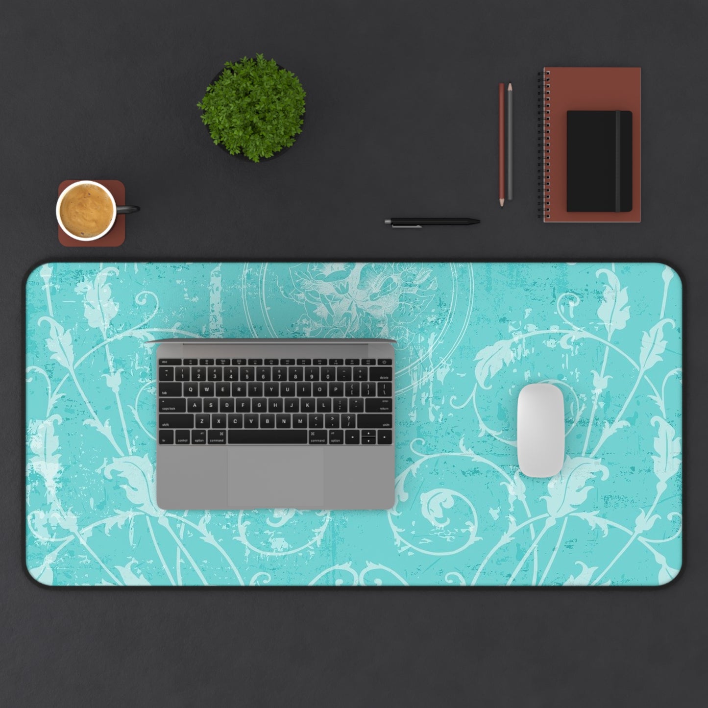 Turquoise Vintage Flourish Desk Mat — Floral Mouse Pad Surface