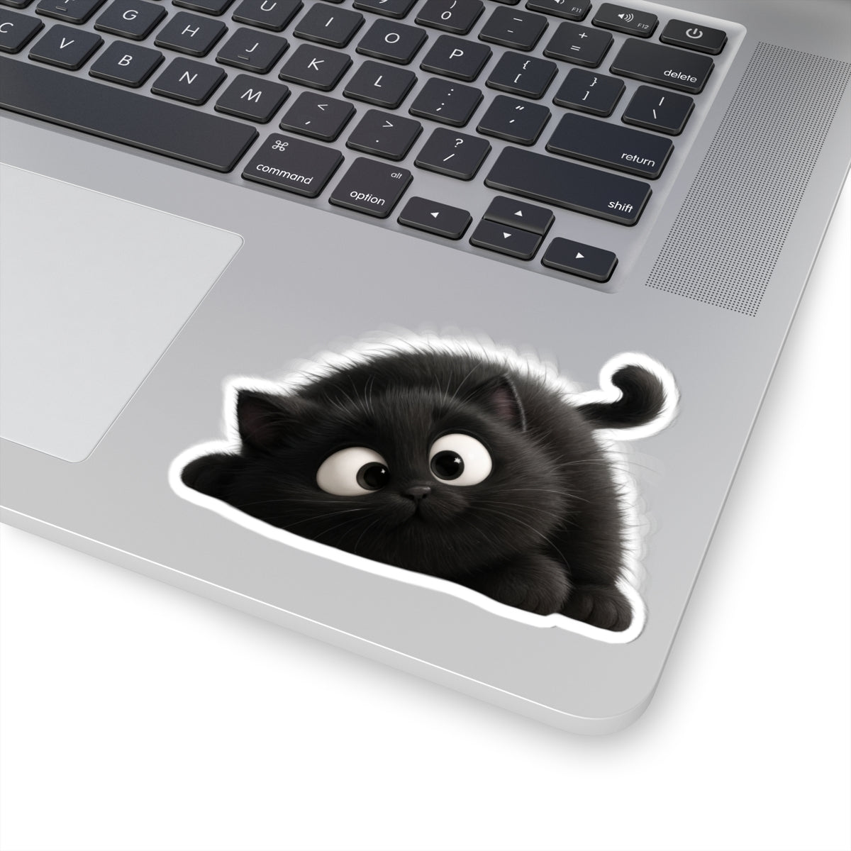 Cute Fluffy Black Kitten Kiss-Cut Sticker — Playful Cat Laptop Decal