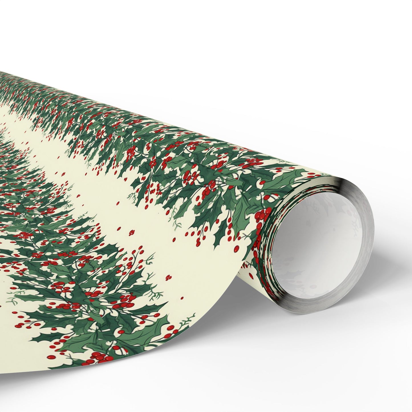 Wrapping Paper Roll — Festive Green Wreath & Red Berry Holiday Wrap
