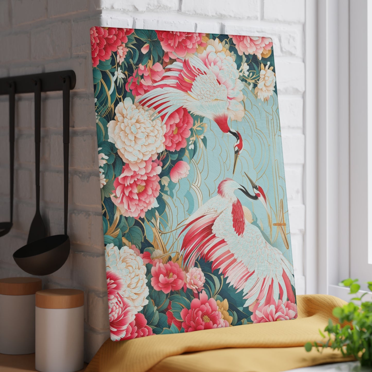 Glass Cutting Board — Elegant Cranes & Peonies Floral Kitchen Trivet