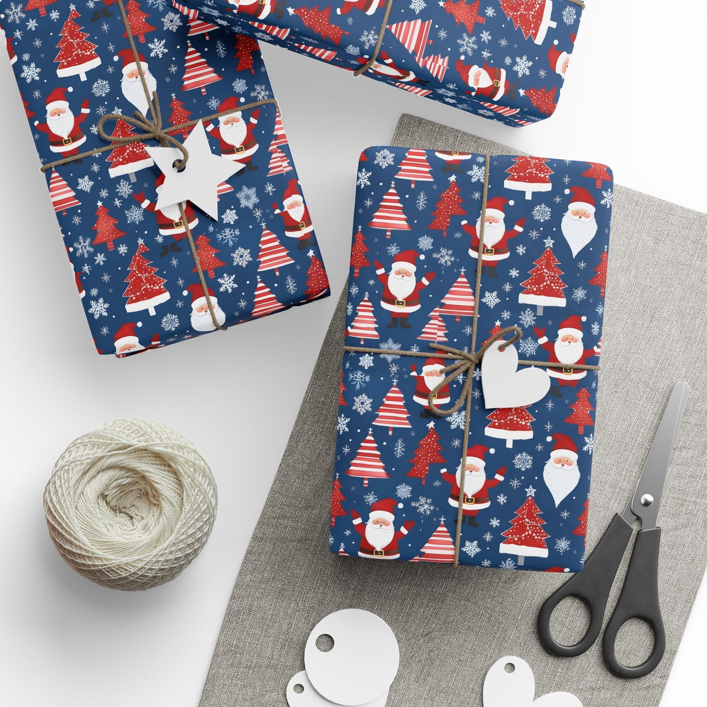 Christmas Santa Wrapping Paper Roll — Blue Festive Holiday Gift Wrap with Santa, Snowflakes & Stockings
