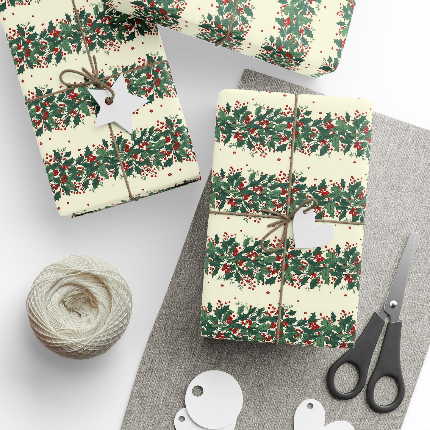 Wrapping Paper Roll — Festive Green Wreath & Red Berry Holiday Wrap